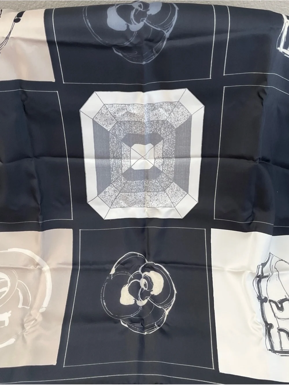 CHANEL icon motifs silk scarf with original packaging tags